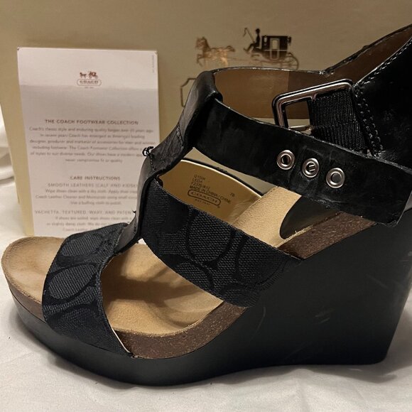 VINTAGE COACH PLATFORM - 3 STRAP - OPEN TOE SANDALS - BLACK - SIZE 7 - Picture 1 of 5